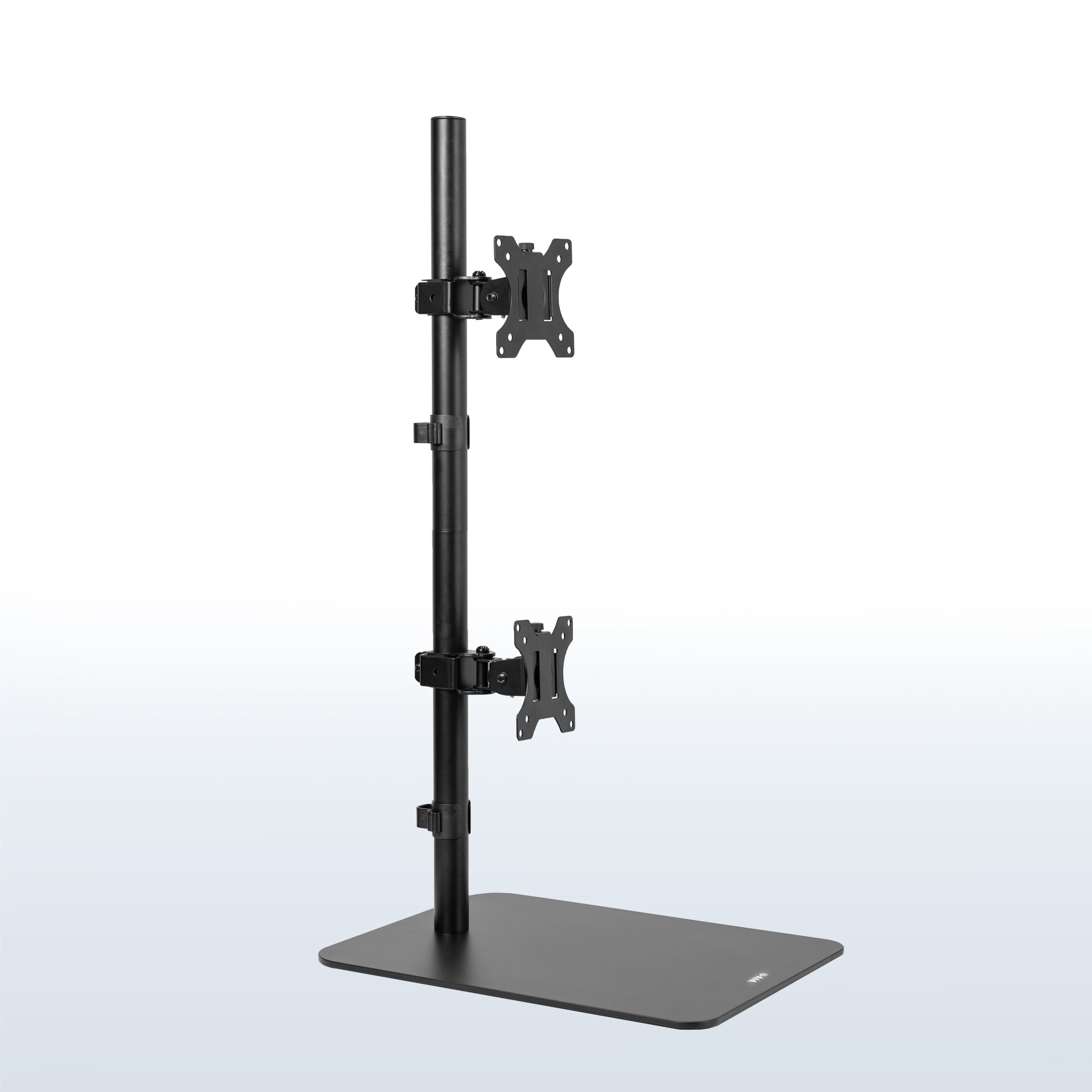 Dual Ultrawide Vertical Monitor Desk Stand elevates 2 large monitors in a vertically stacked array for comfortable viewing angles and efficient use of desk space. The freestanding base provides excellent support with no need to drill or clamp into your desktop.