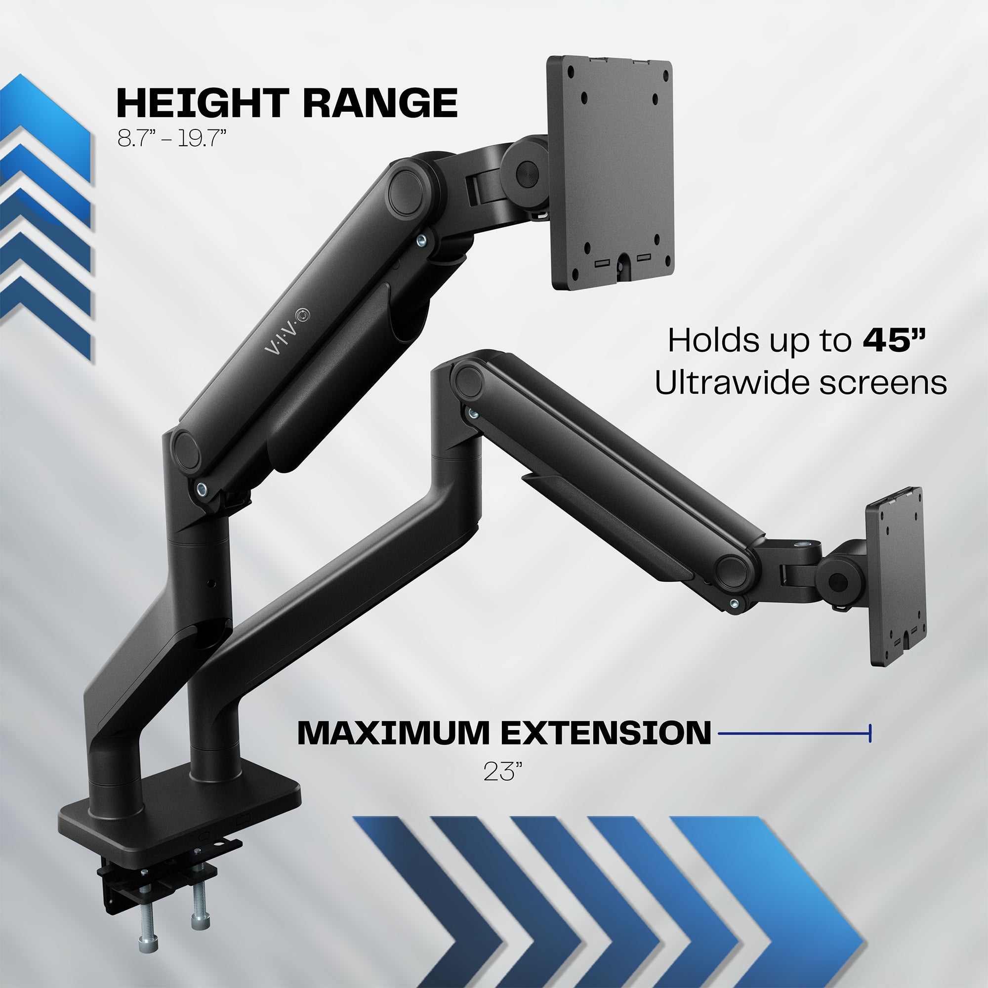 A monitor desk mount with pneumatic arms with text showing maximum extension and height range.