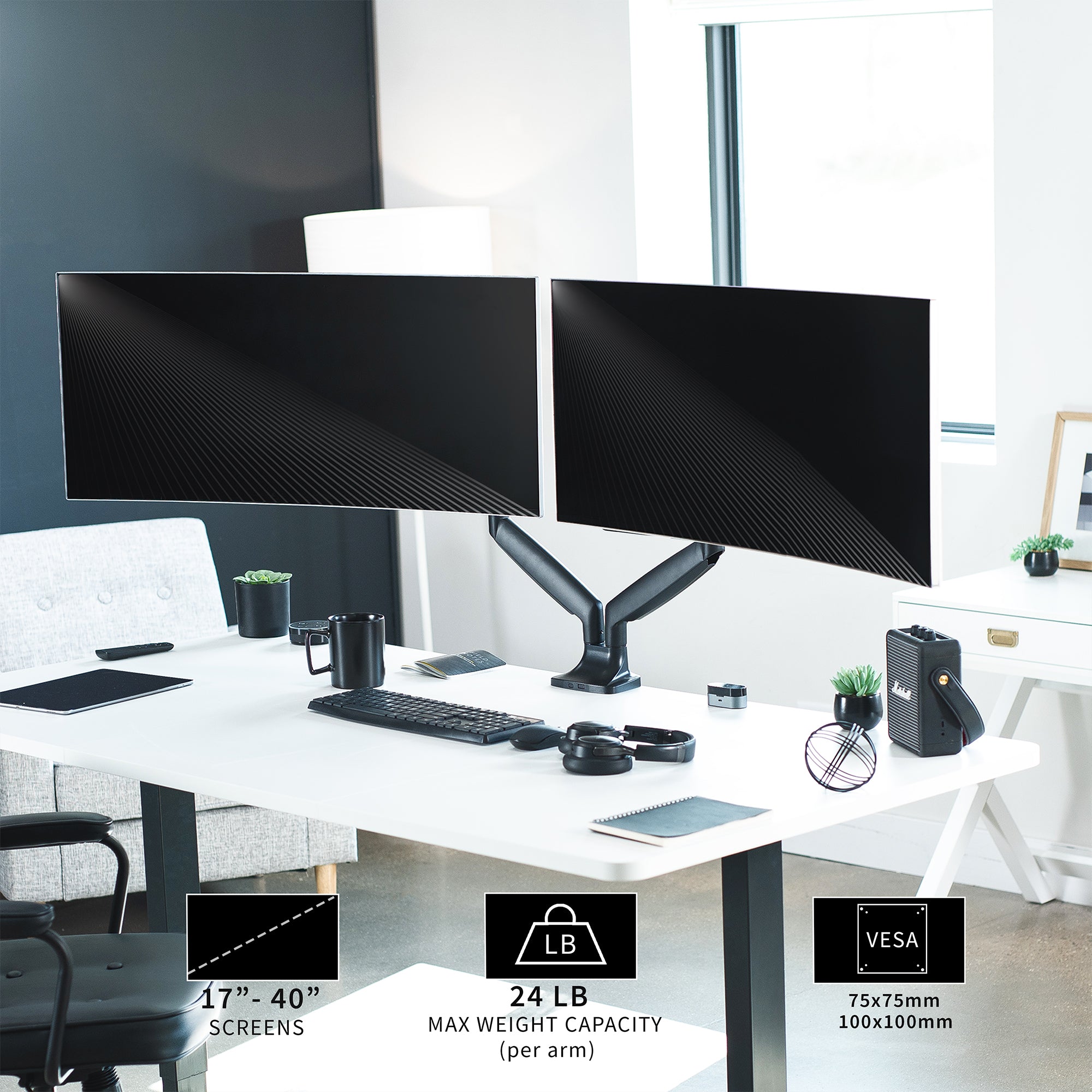 VIVO Premium Aluminum Heavy Duty Dual Monitor Mount holds two 17” to 40” monitors weighing 2.2 lbs to 24 lbs each, including ultra-wide screens.