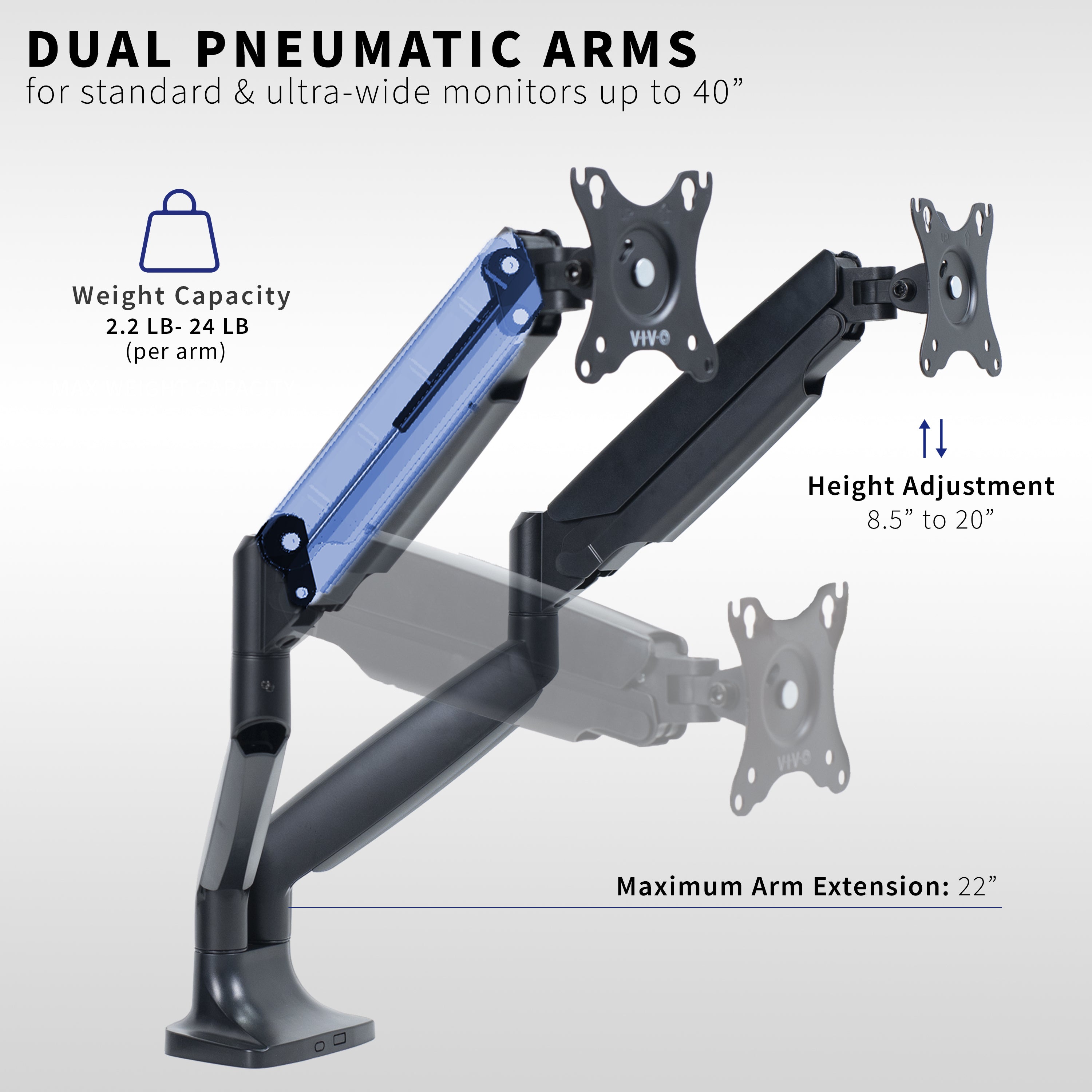 VIVO Premium Aluminum Heavy Duty Dual Monitor Mount holds two 17” to 40” monitors weighing 2.2 lbs to 24 lbs each, including ultra-wide screens.