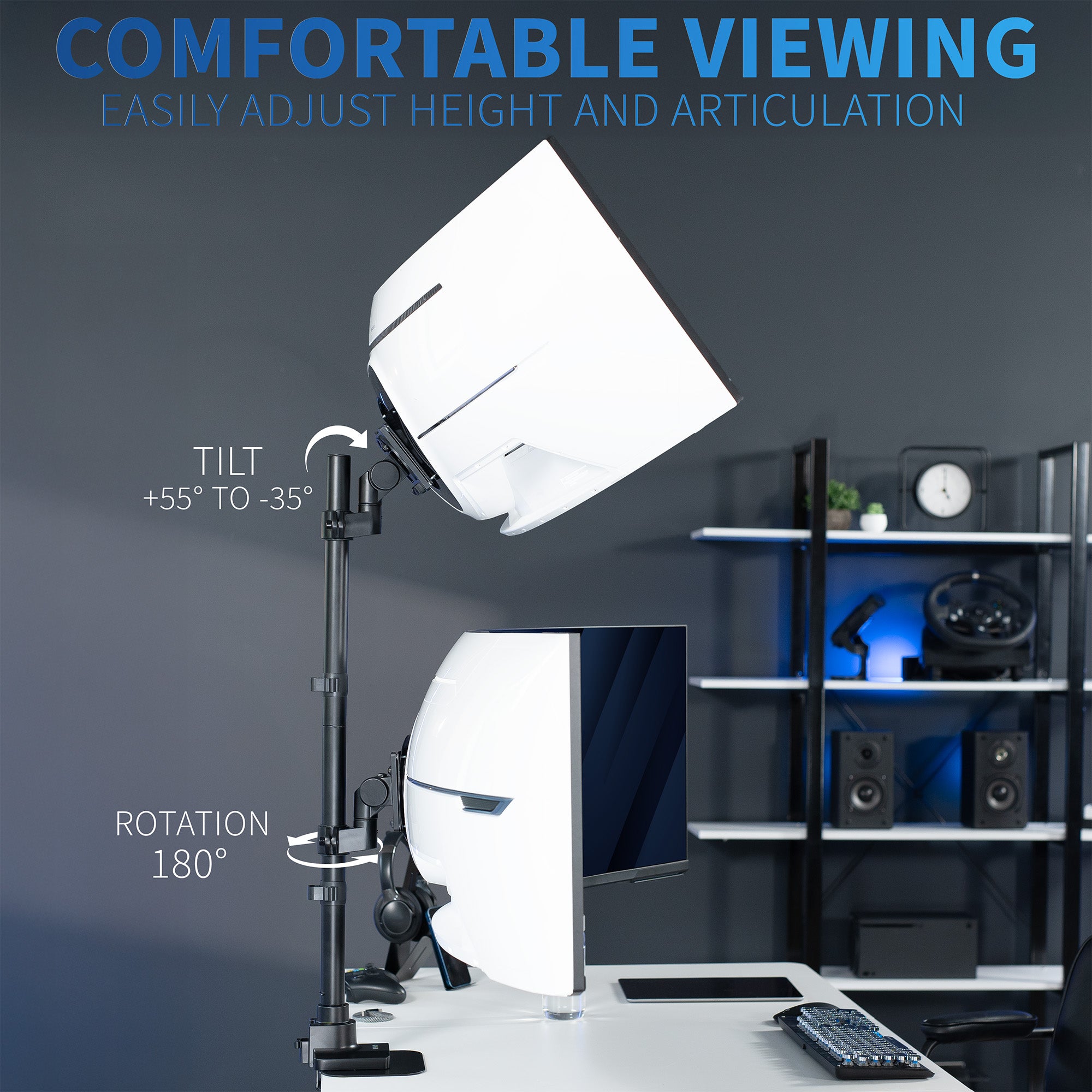 White widescreen monitor on a stand with adjustable features in a home office setting.