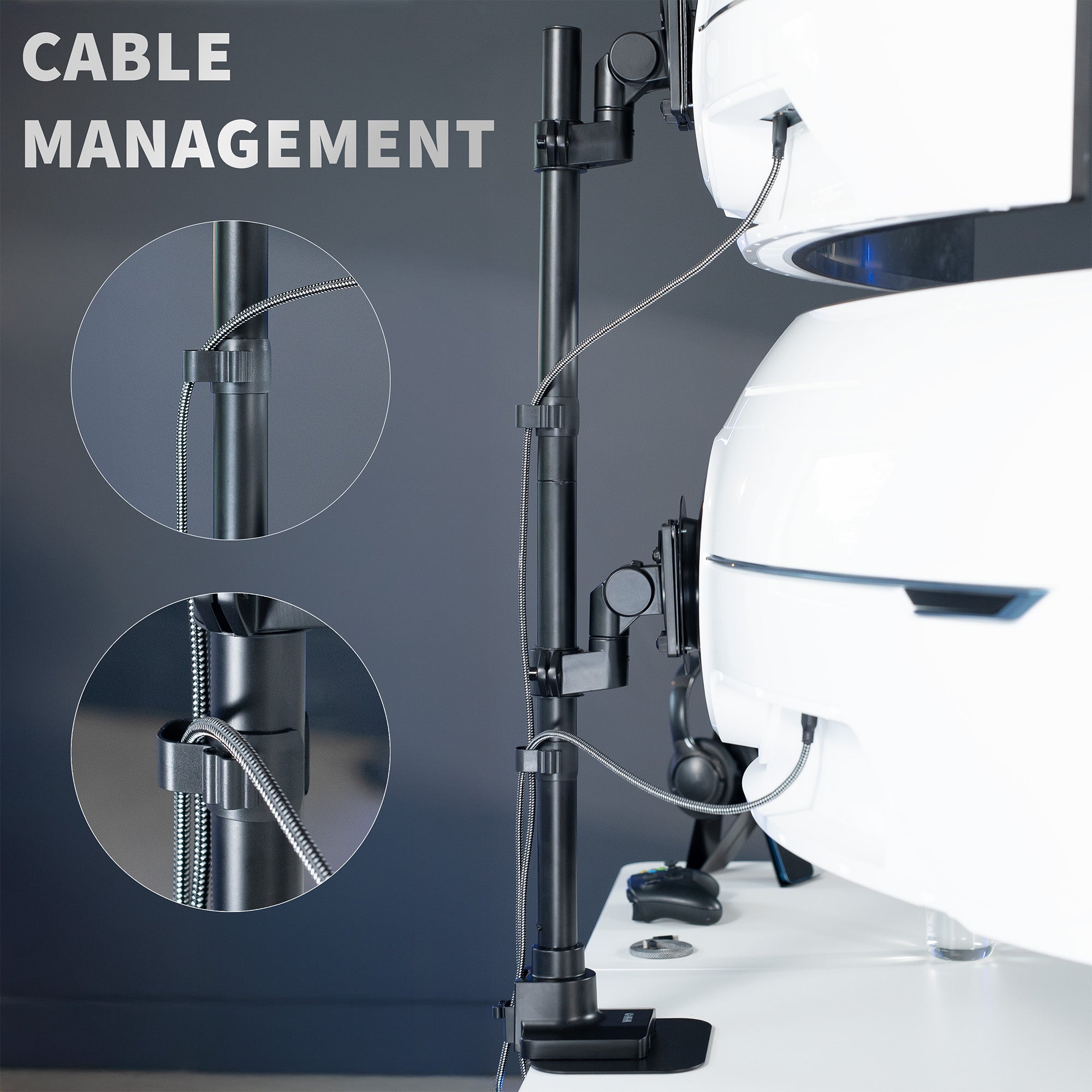 Cable management system with close-up insets on a gray background
