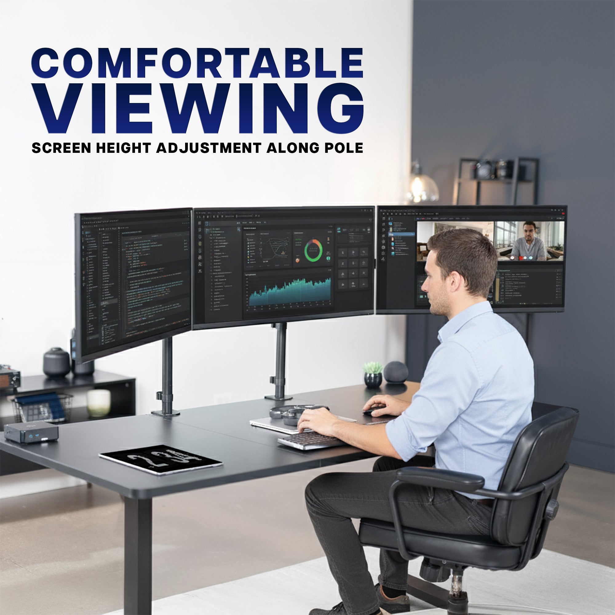 2-Pole Triple Monitor Desk Mount (1 Ultrawide + 2 Standard) - Up to 49" Screens