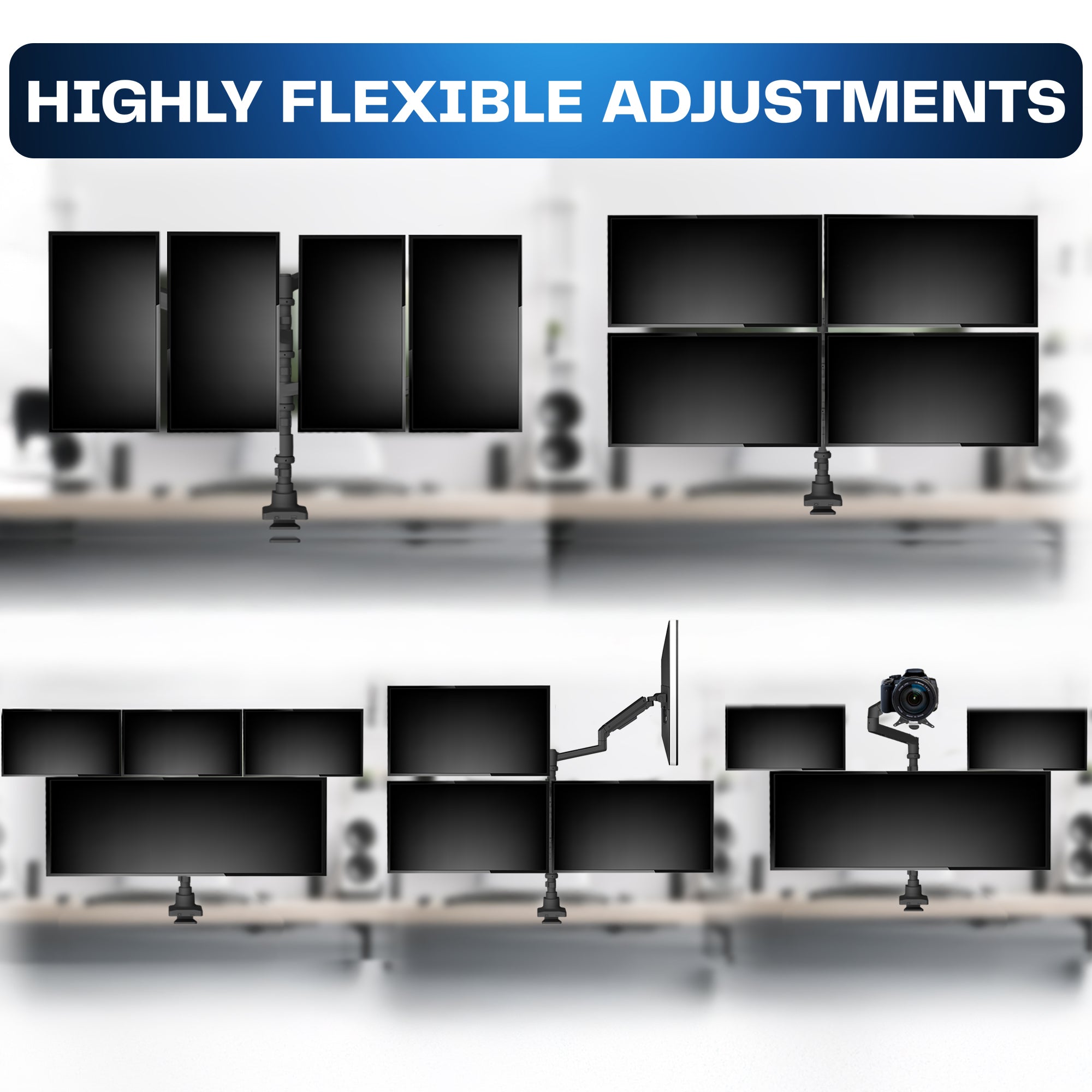 Flexible display setup with multiple monitors in a studio environment.