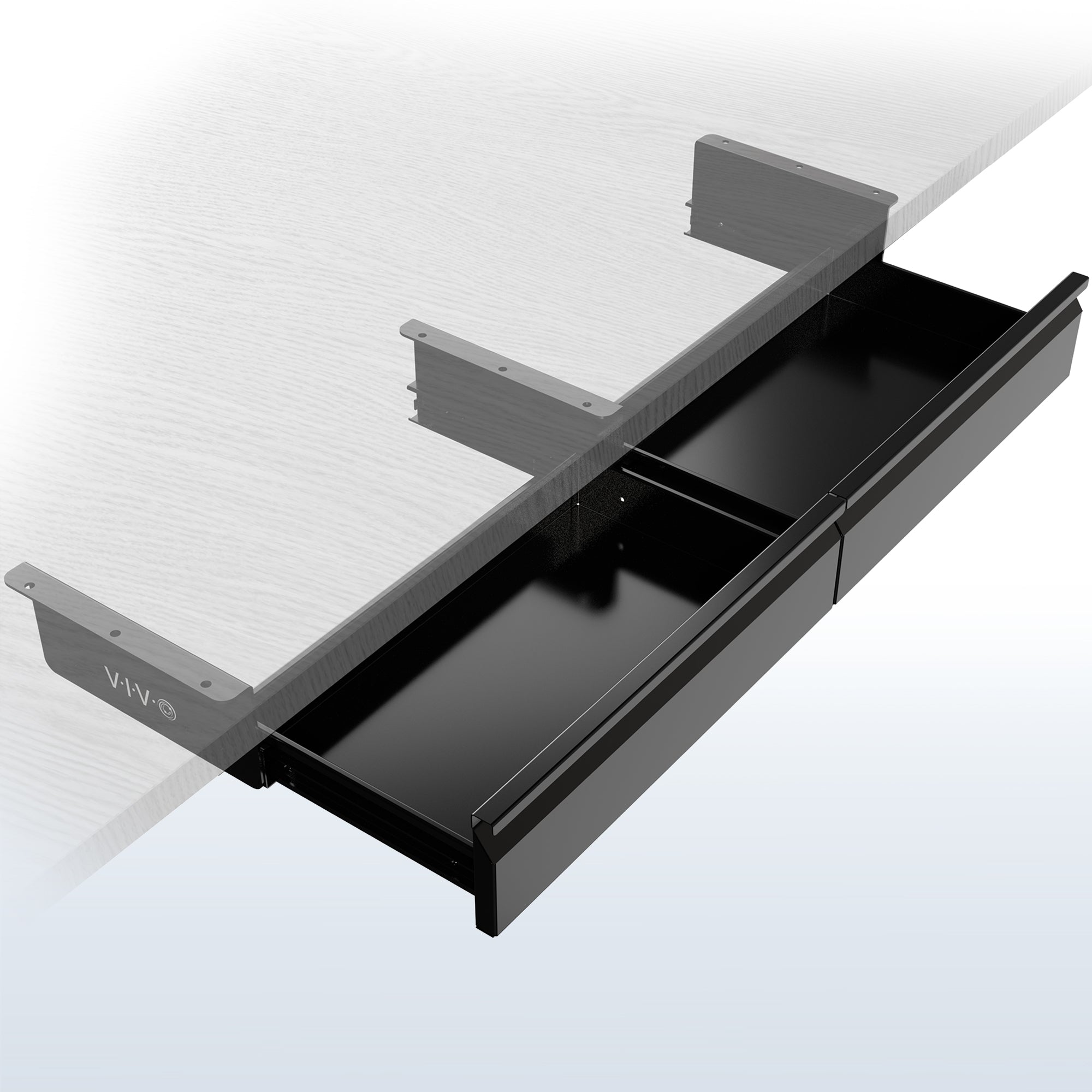 Black under-desk drawer extension with VIVO branding on a white background