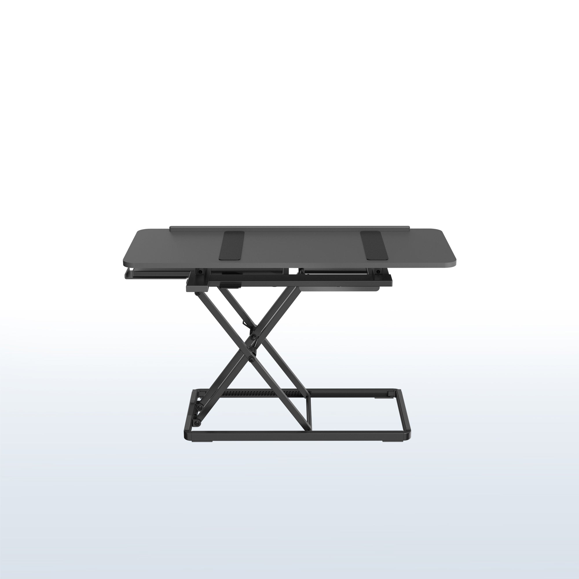 A black tilting keyboard riser with a mouse on top and the ability to adjust the angle of the keyboard surface.