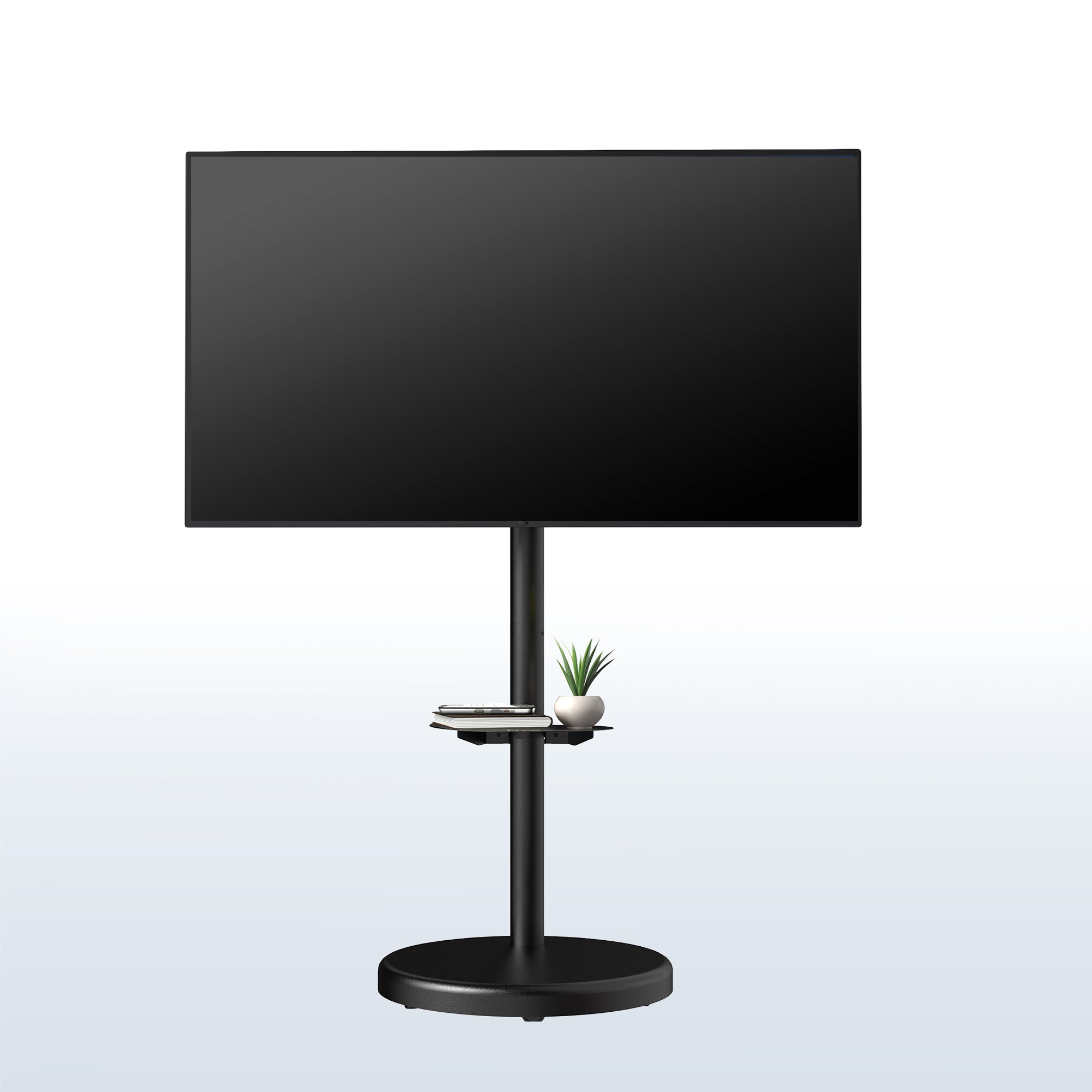 Mobile TV stand with shelf featuring height adjustment, tilt, swivel, rotation, and built-in cable management.