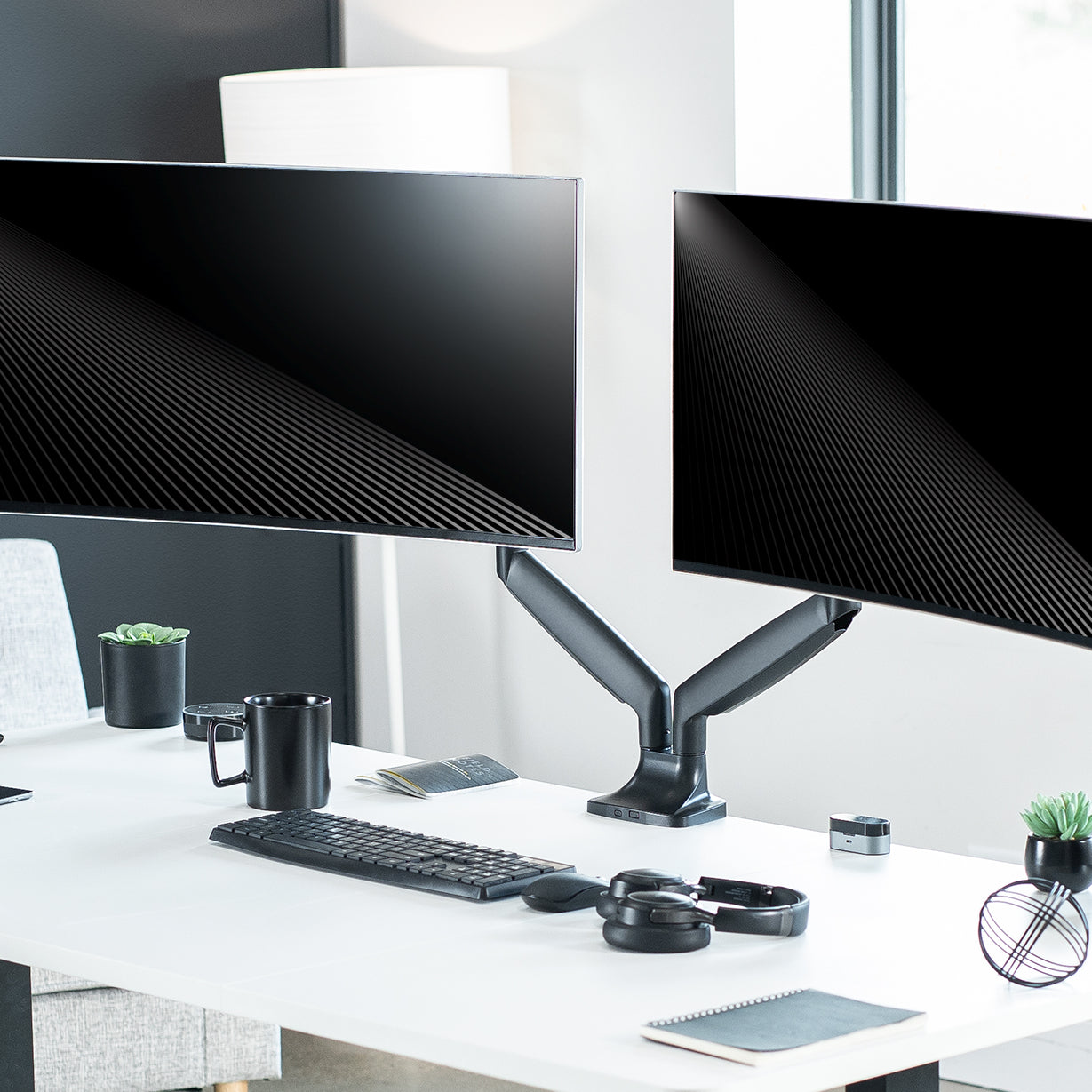 VIVO Premium Aluminum Heavy Duty Dual Monitor Mount holds two 17” to 40” monitors weighing 2.2 lbs to 24 lbs each, including ultra-wide screens.