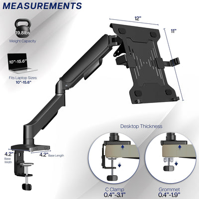 Black adjustable laptop desk mount with measurements on a white background