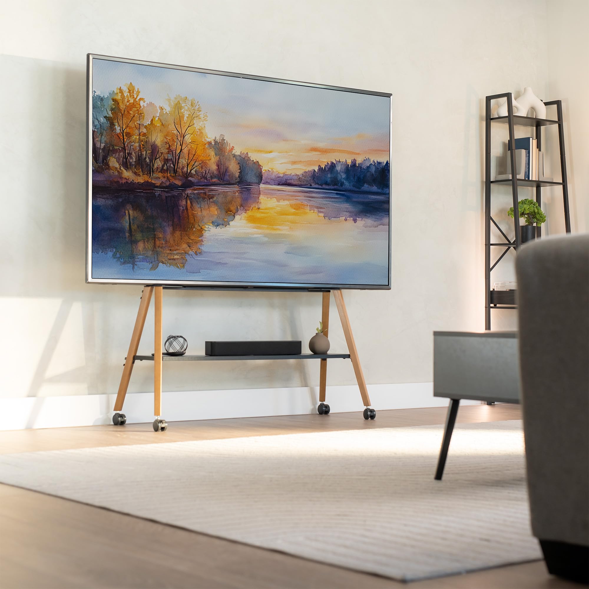 Modern living room with a large TV displaying a nature scene on wooden TV stand, and gray sofa in foreground.