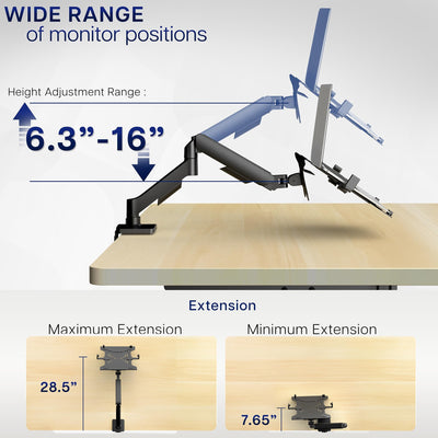 Mechanical Arm Single Laptop Desk Mount with height adjustment and extension capabilities on a desk.