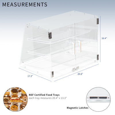 3 Tray Acrylic Pastry Display Case with Removable Trays and Rear Opening Doors with Magnetic Latches