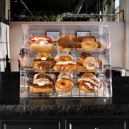 3 Tray Acrylic Pastry Display Case with Removable Trays and Rear Opening Doors with Magnetic Latches