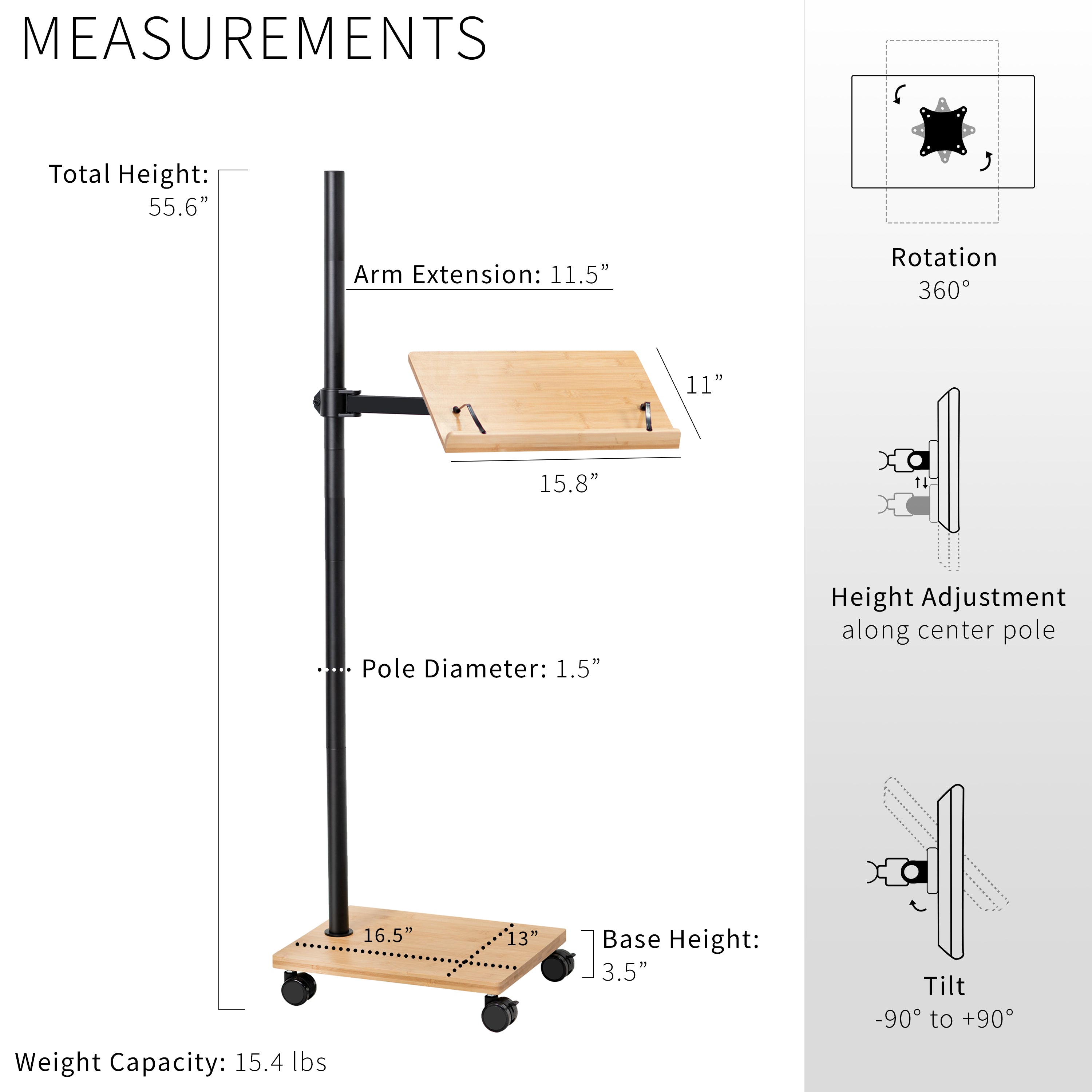 Mobile bamboo book stand with height adjustment and articulation.