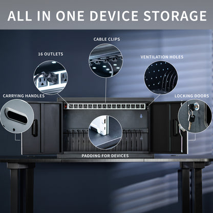 Locking charging station cabinet for 16 devices. Power strip and cable clips make organization easy and ventilation holes and padding provide safe storage. Conveniently place on a flat surface or mount to a wall. Perfect for schools, offices, and more.