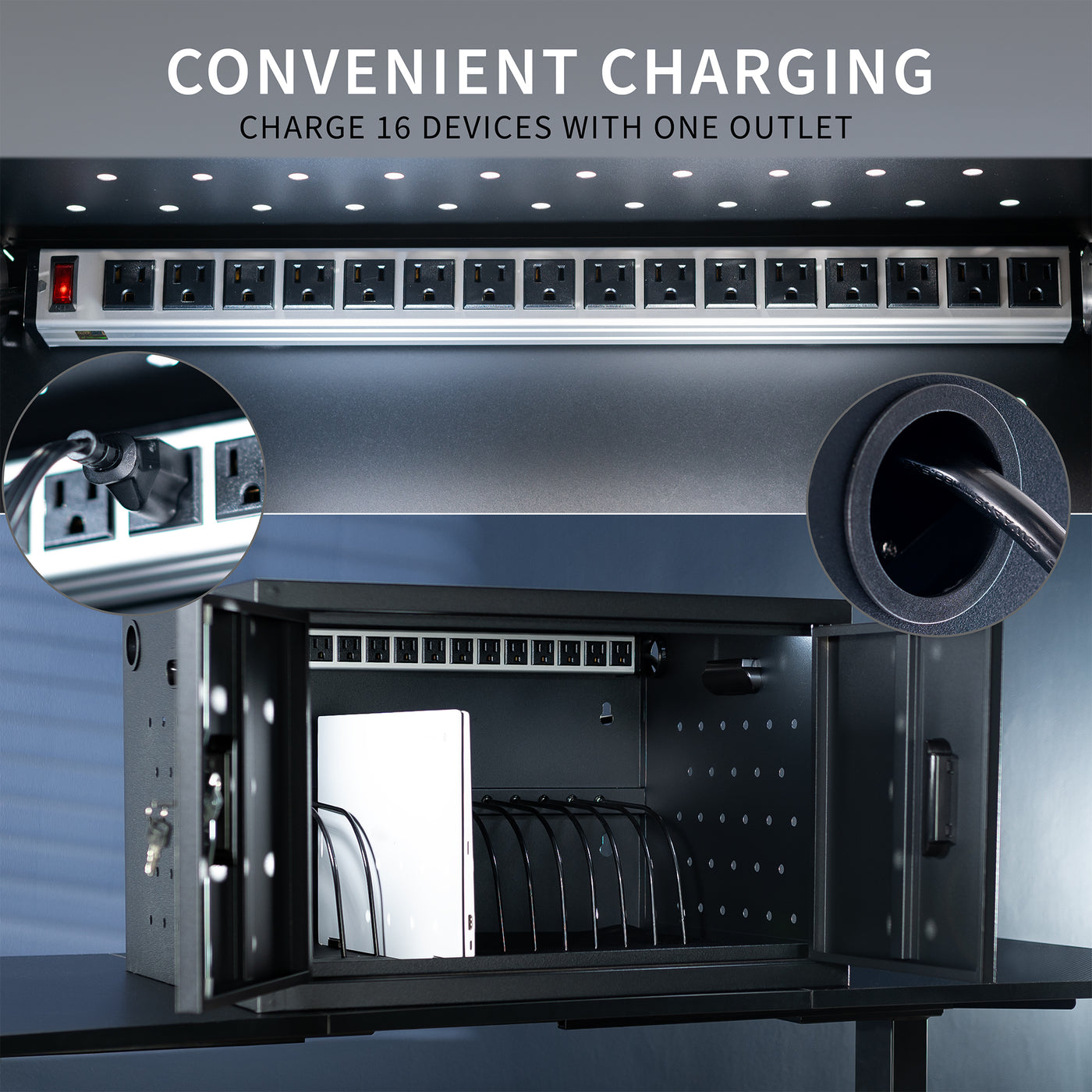 Locking charging station cabinet for 16 devices. Power strip and cable clips make organization easy and ventilation holes and padding provide safe storage. Conveniently place on a flat surface or mount to a wall. Perfect for schools, offices, and more.