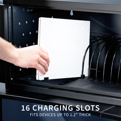 Locking charging station cabinet for 16 devices. Power strip and cable clips make organization easy and ventilation holes and padding provide safe storage. Conveniently place on a flat surface or mount to a wall. Perfect for schools, offices, and more.