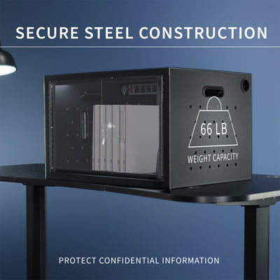 Locking charging station cabinet for 16 devices. Power strip and cable clips make organization easy and ventilation holes and padding provide safe storage. Conveniently place on a flat surface or mount to a wall. Perfect for schools, offices, and more.