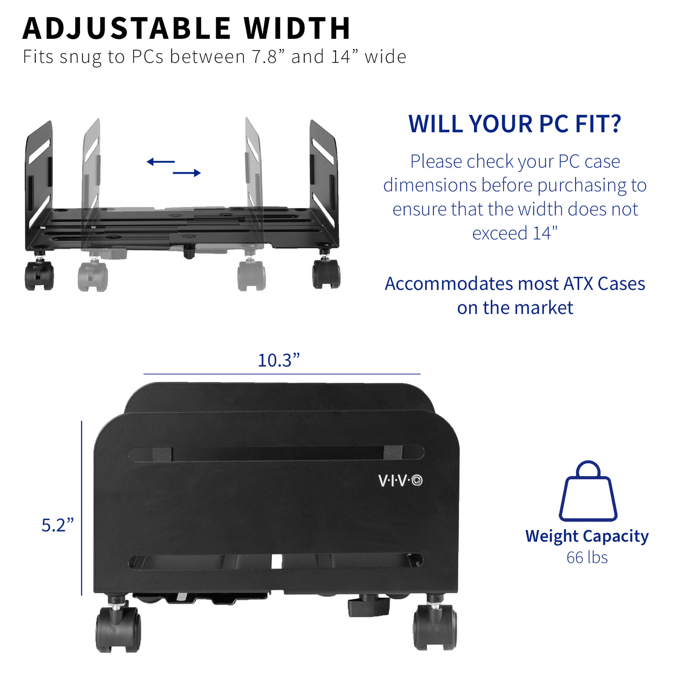 Large Computer Tower Desktop ATX-Case, CPU Steel Rolling Stand, 7.8 to 14 inch Wide Adjustable Mobile Cart Holder with Locking Caster Wheels, Gaming PC Holder