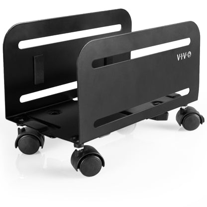 Sturdy mobile CPU cart with adjustable width and locking wheels.