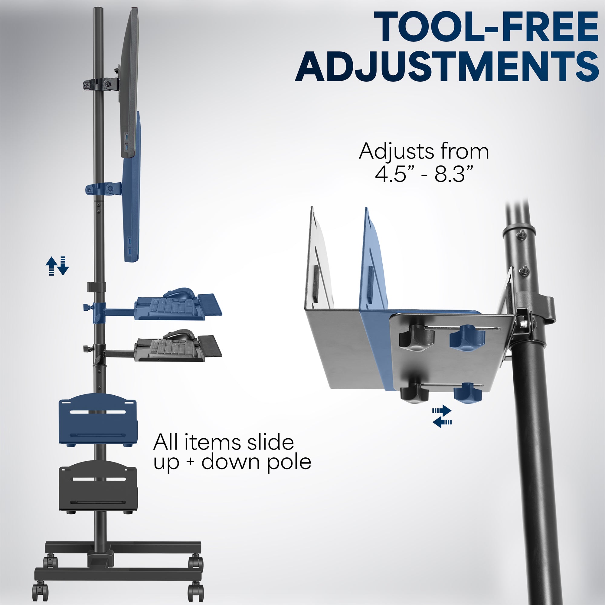 Mobile workstation cart with monitor mount, keyboard tray, PC holder, and locking wheels. Featuring 360 rotation and height adjustment.