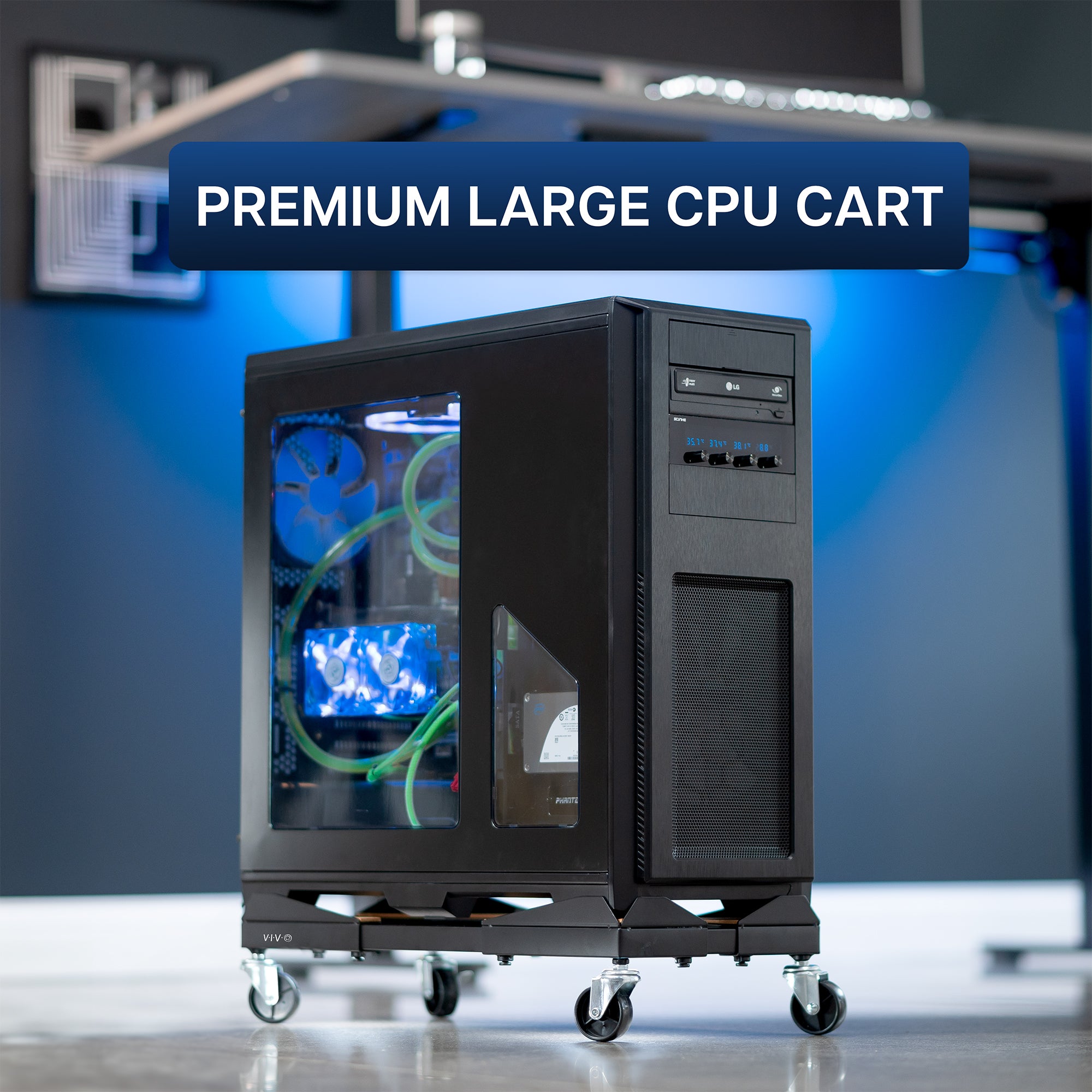 Heavy duty mobile CPU cart for large PCs, featuring width and length adjustment.