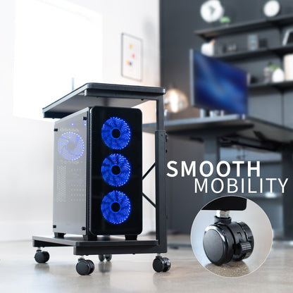 Mobile adjustable PC cart with storage and smooth movement.