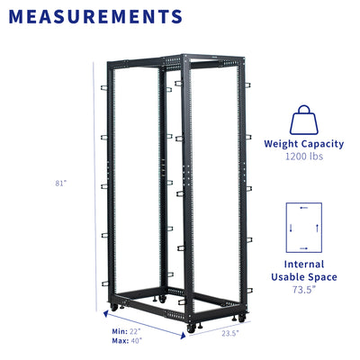 Network rack with measurements and capacity details on a white background