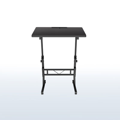 Black adjustable desk cart on a white background