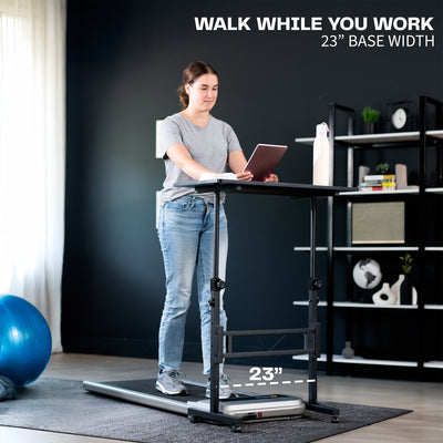 Person using a treadmill desk with text.