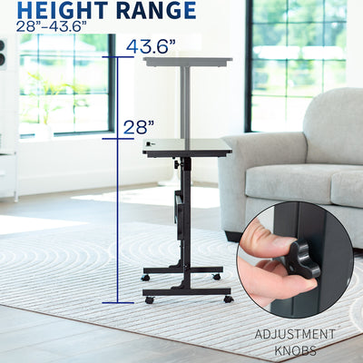 Adjustable height table with measurement details in a living room setting