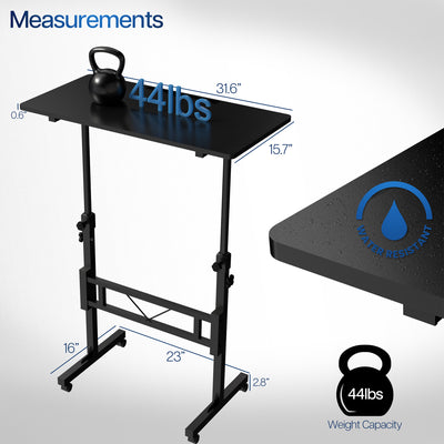 Black adjustable desk cart with measurements and weight capacity details on a white background