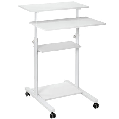 A height adjustable mobile stand-up desk that is perfect for use at the office, home, showroom, and classroom, and provides ample room for typing, writing, and storing. 
