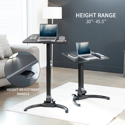 Sleek mobile foldable laptop desk with height adjustment and tilt. Can fold away to store behind furniture.