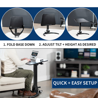 Sleek mobile foldable laptop desk with height adjustment and tilt. Quick easy set-up and break-down.