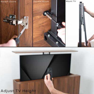 Step-by-step process of mounting a TV in a wooden cabinet.
