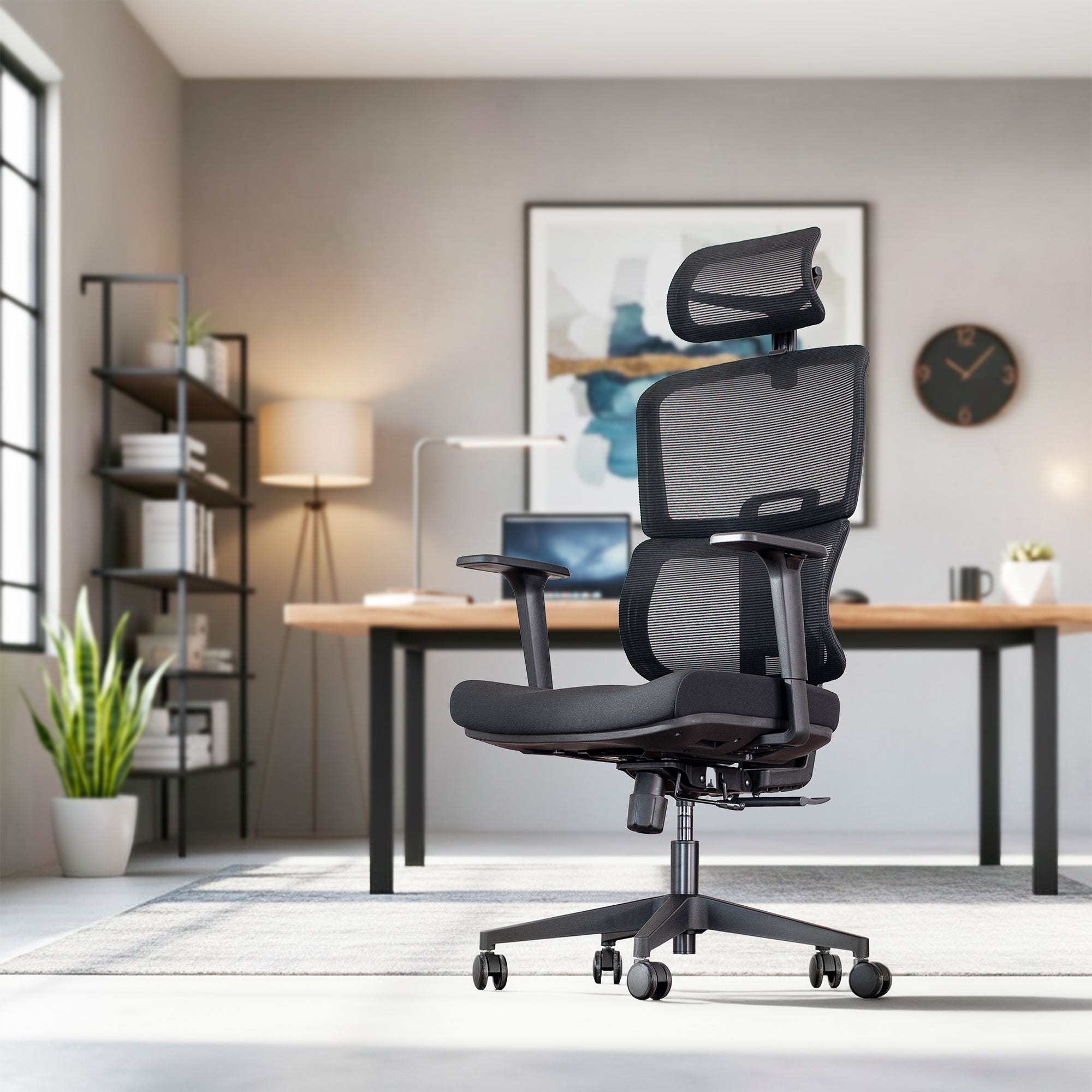 Ergonomic office chair in a modern office setting with a desk and decor.