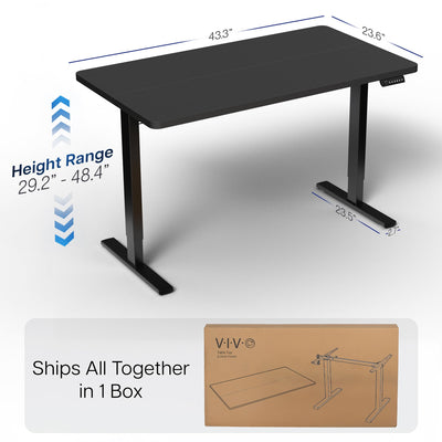 Black adjustable height desk with dimensions on a white background and text stating 'Ships All Together in 1 Box'