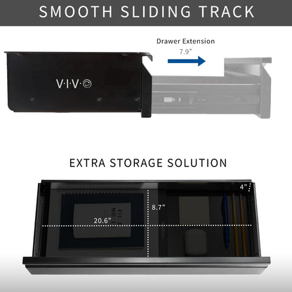 Extra Wide Under Desk Drawer provides a storage option for both standing and fixed height desks, creating a clean, non-cluttered workspace.