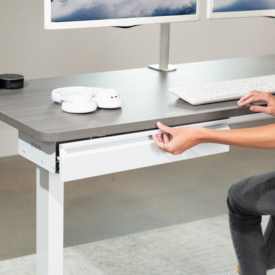 Extra Wide Under Desk Drawer provides a storage option for both standing and fixed height desks, creating a clean, non-cluttered workspace.