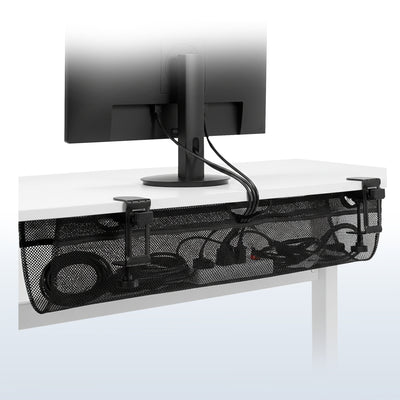 Long clamp on cable management net attached to a desk. 
