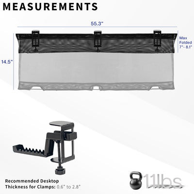 Measurement chart for a Clamp-on Under Desk Mesh Cable Management System with dimensions and weight information.
