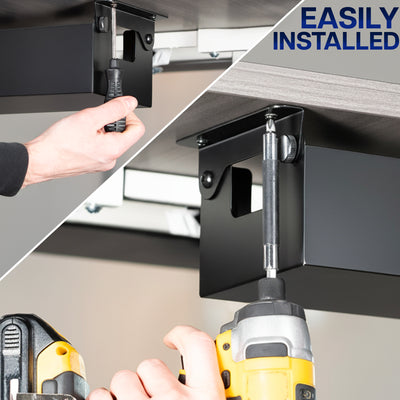Split image showing a hand installing the bracket of a cable management box using a screwdriver or drill, with 'EASILY INSTALLED' text.