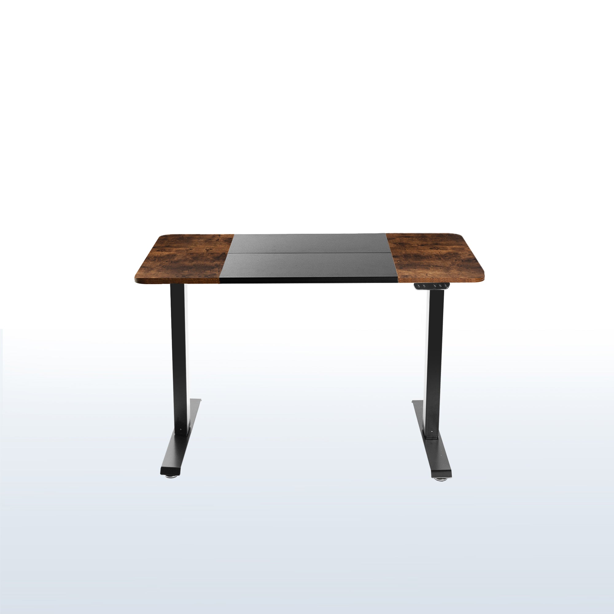 Sturdy rustic electric sit or stand desk workstation with adjustable height.