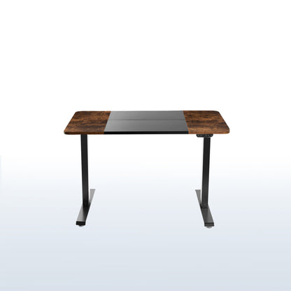 Sturdy rustic electric sit or stand desk workstation with adjustable height.