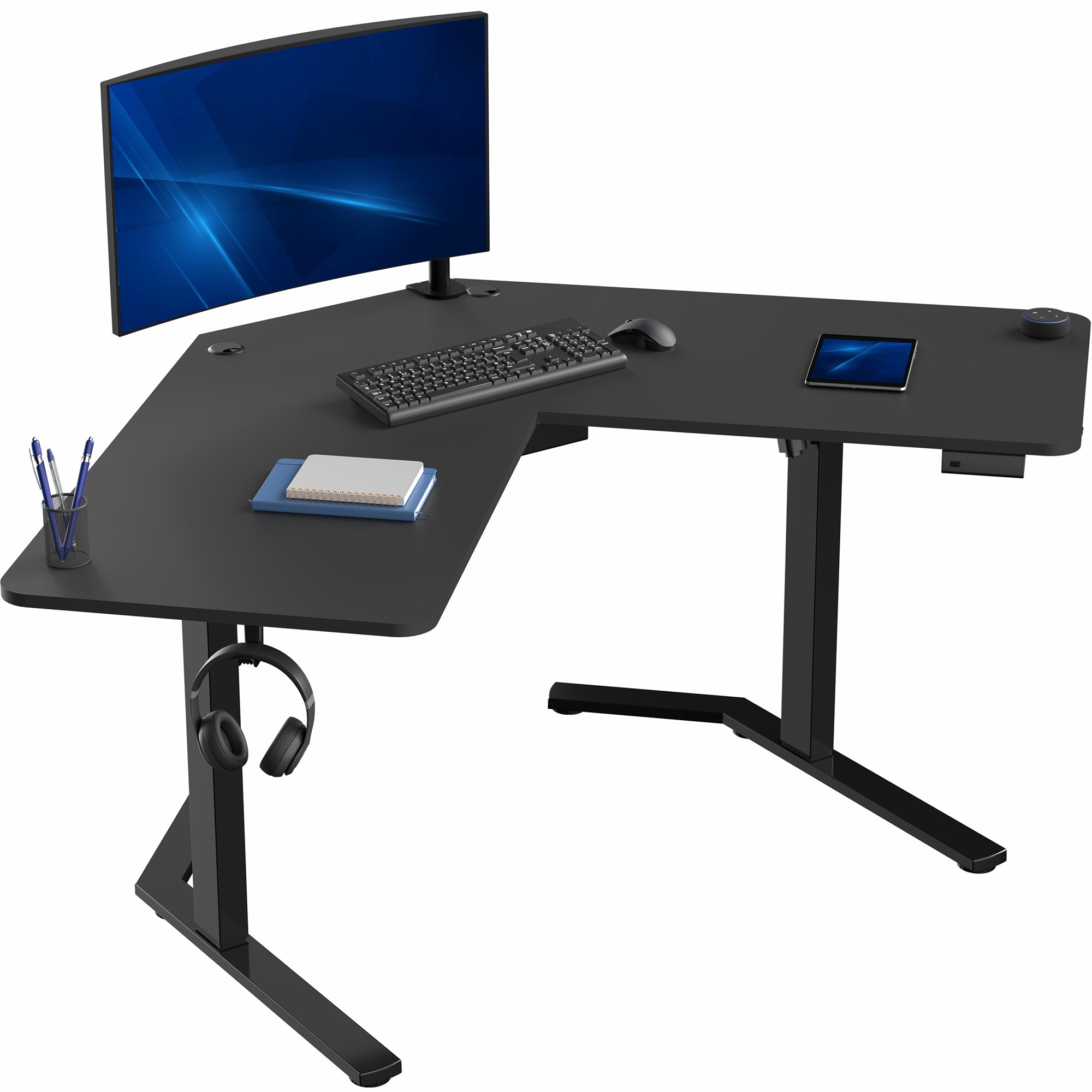 Large heavy-duty electric height adjustable corner desk workstation for active sit or stand efficient workspace.
