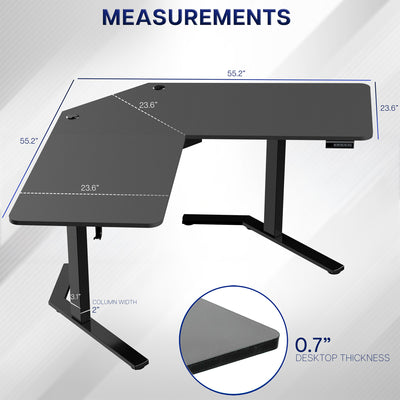 L-shaped desk with measurements on a white background