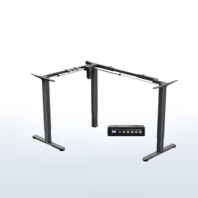 Black L-shaped adjustable desk with remote control on a white background