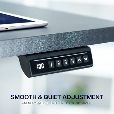 Adjustment control panel with digital display on a desk setup, featuring text about smooth and quiet adjustment.