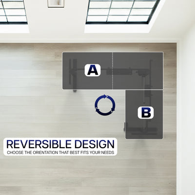 Reversible design desk frame on a wooden floor with text indicating choice options.